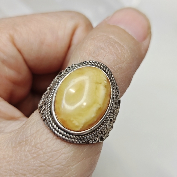 127 Heirloom Style Adjustable Ring for Men, sterling Silver & Vintage Amber - Picture 1 of 3